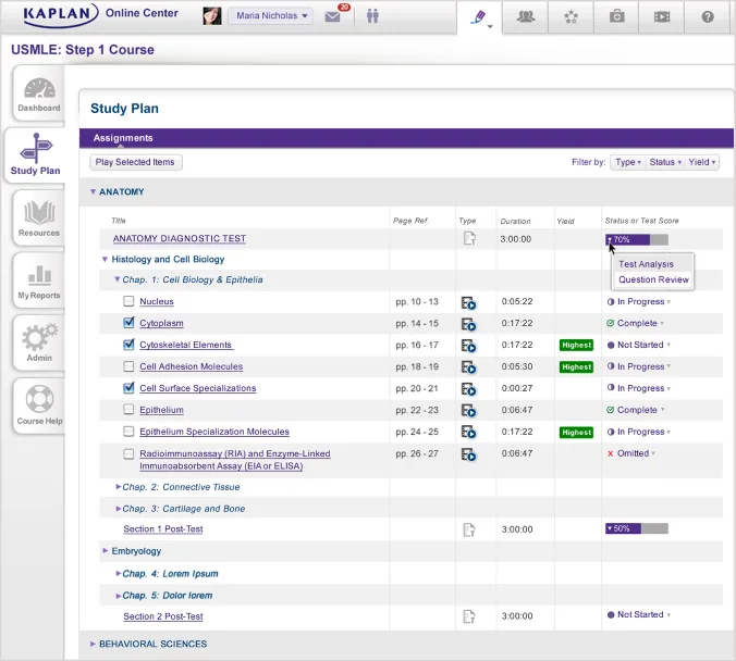 Legacy study plan in the Kaplan Online Center
