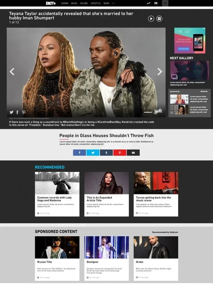 Desktop gallery design with a large image, right rail ad and related content