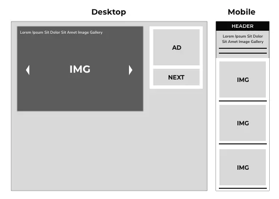 Low fidelity layout of the image gallery on desktop and mobile