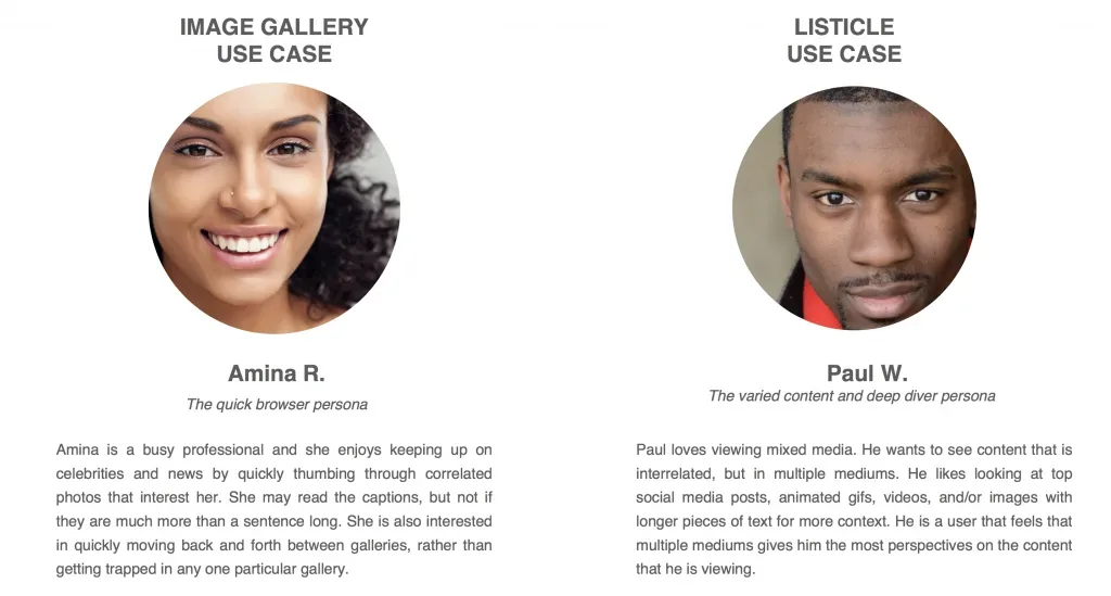 Two personas, one for the image gallery use case and one for the listicle use case