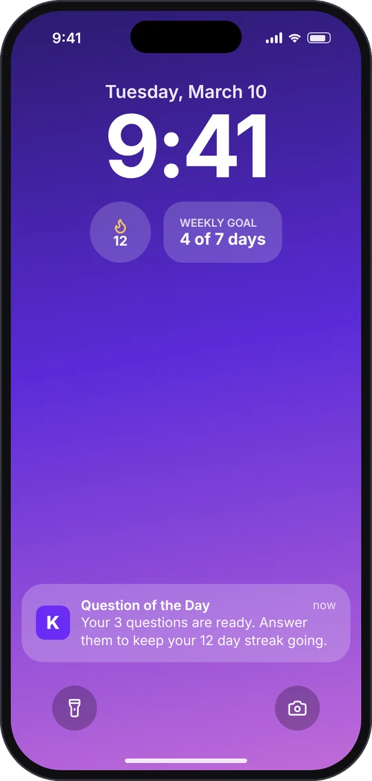 Concept lock screen with a streak widget and a notification that the day’s questions are ready
