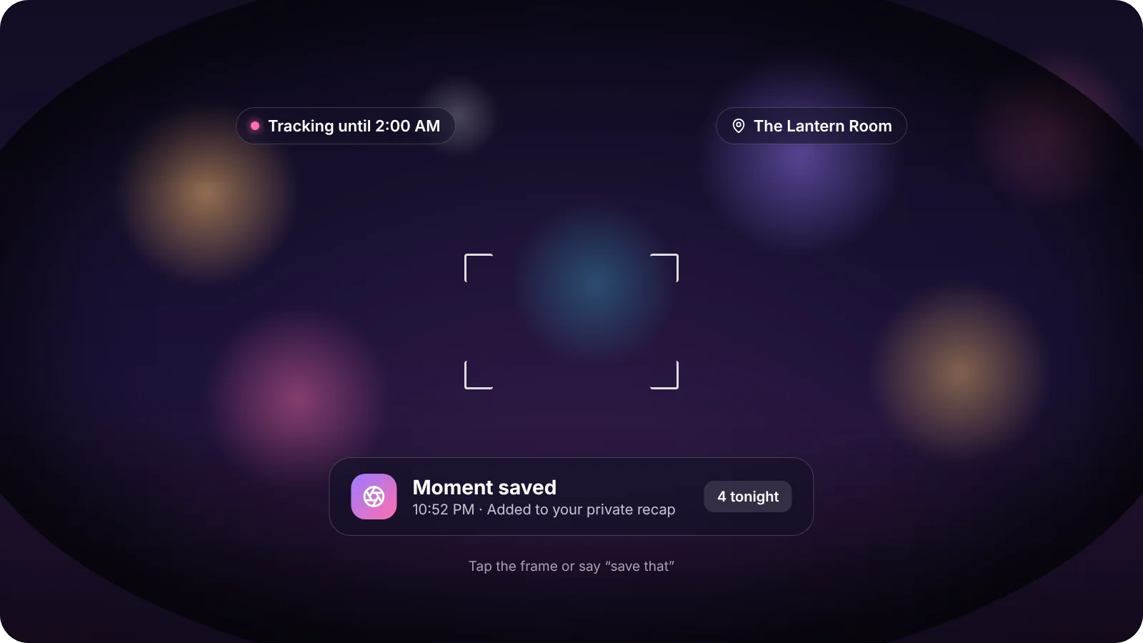 View through smart glasses at night, with a quiet heads-up display showing tracking status, the current place and a moment saved