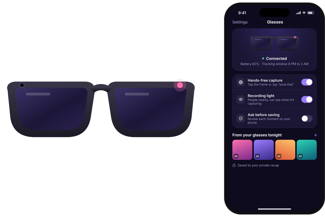 Smart glasses next to the ThoseNights glasses settings screen on a phone