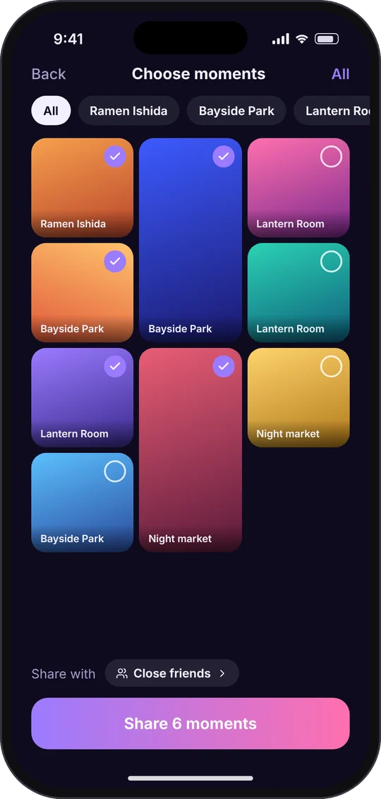 Concept grid for choosing which moments to share