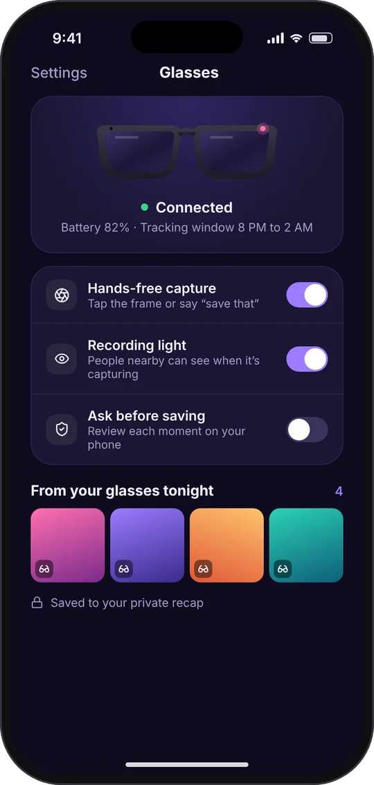 Concept glasses settings with hands-free capture and moments from the glasses