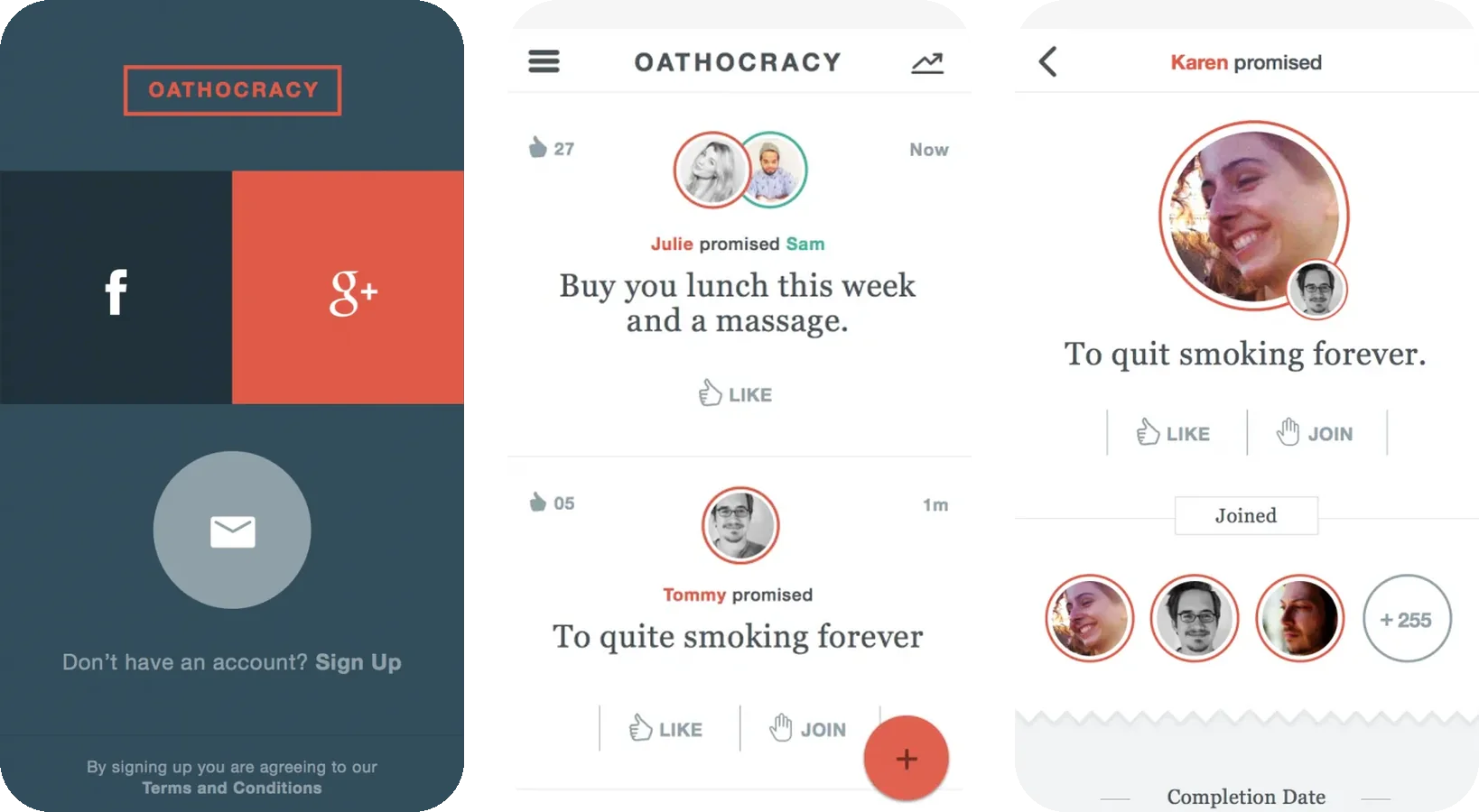 Three Oathocracy screens: sign in, a feed of oaths, and an oath with people who joined