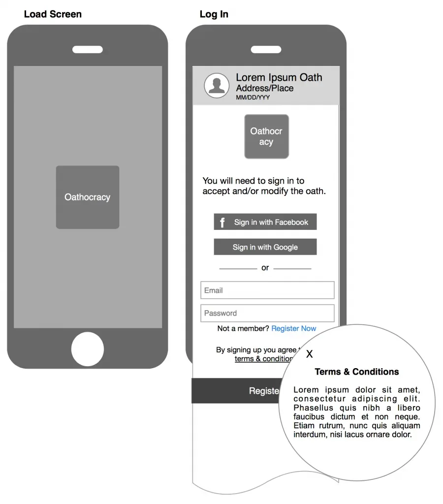 Login wireframes with sign in options and terms
