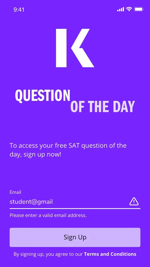 Sign up screen showing an invalid email error
