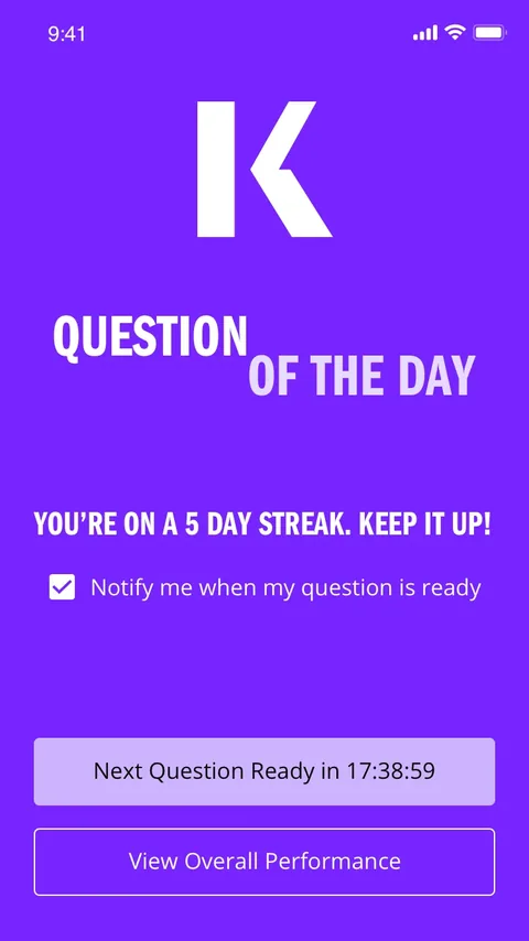 Home screen with a five day streak and a countdown to the next question