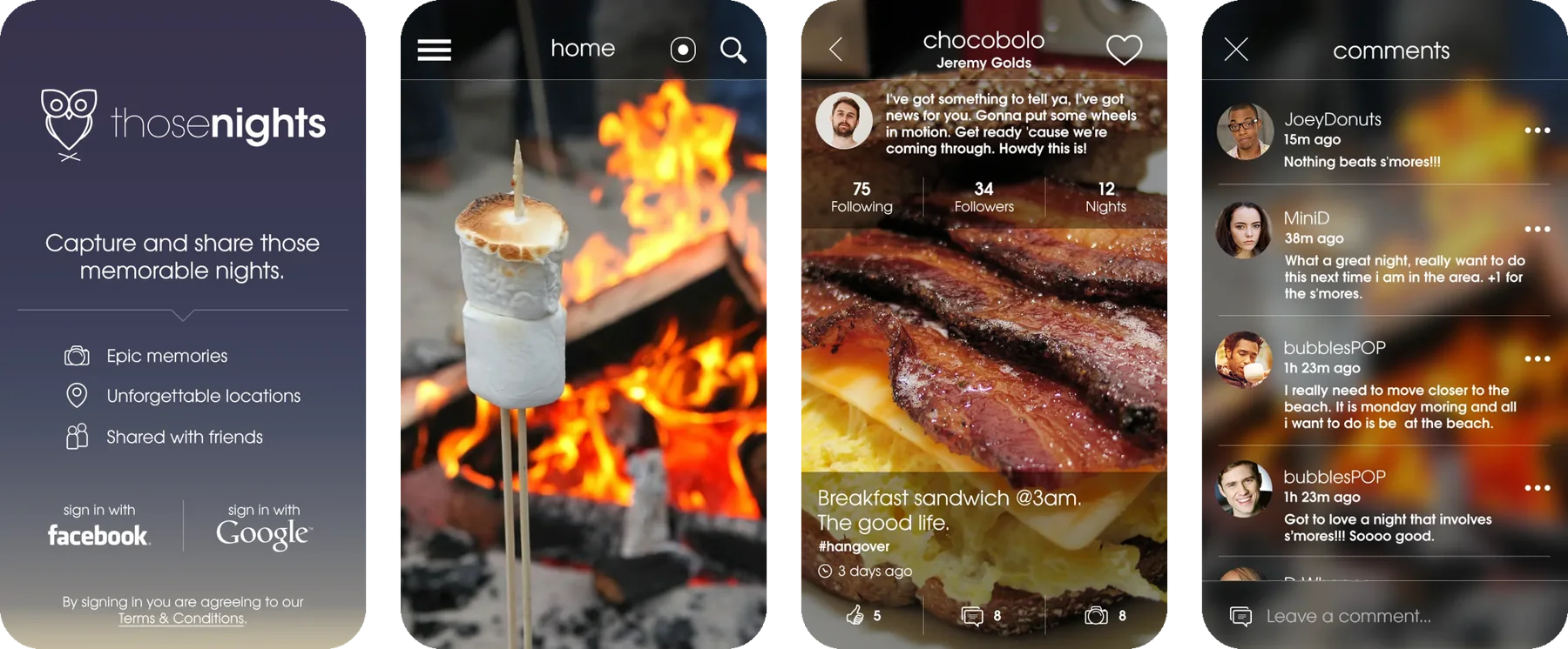 Four ThoseNights screens: the landing screen, home, a friend's night, and comments
