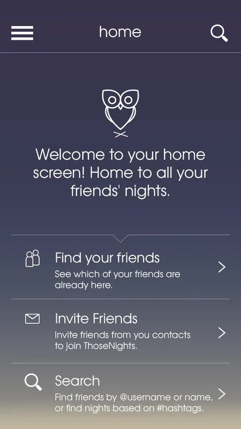 First time home screen with ways to find friends