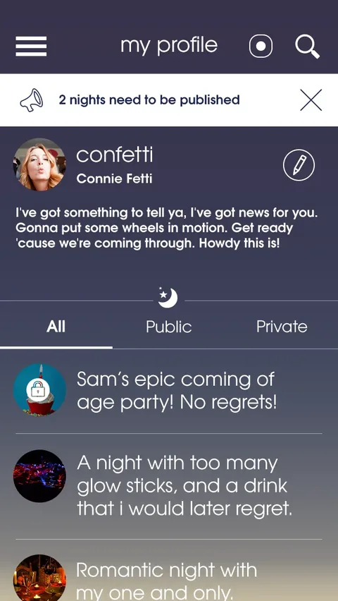 Profile with a notice that two nights need to be published