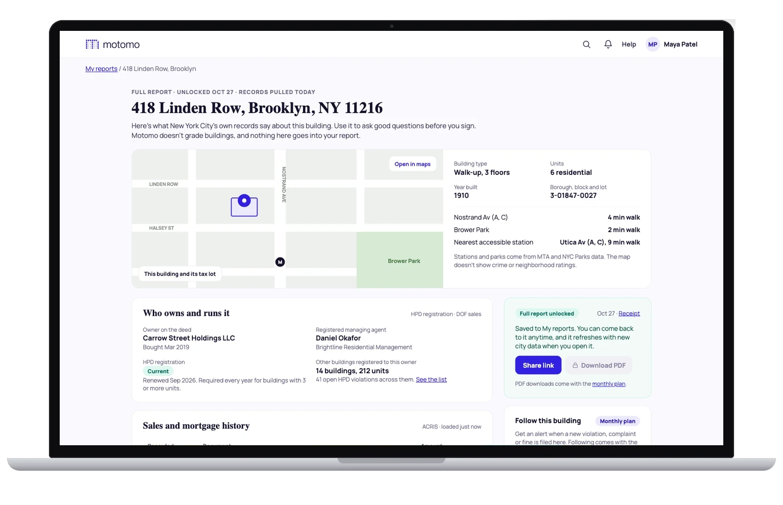 A Motomo full report for 418 Linden Row, Brooklyn on a laptop, with the map, building facts, owner and sales history