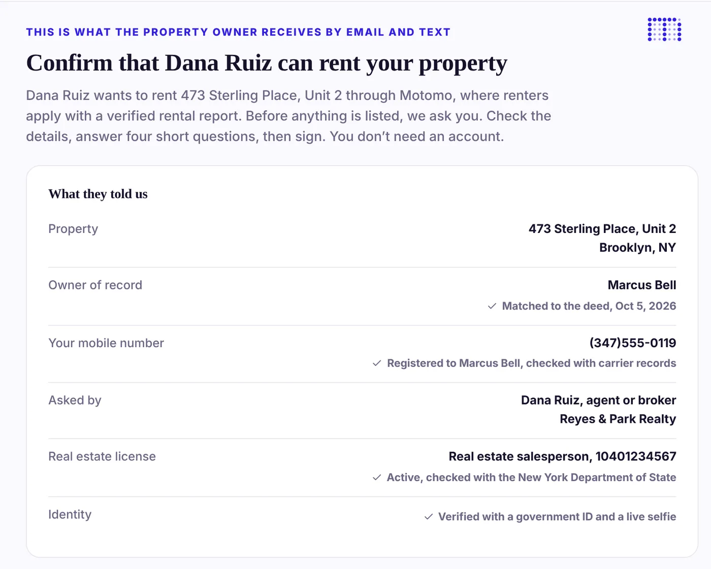 Owner confirmation step for a Motomo listing