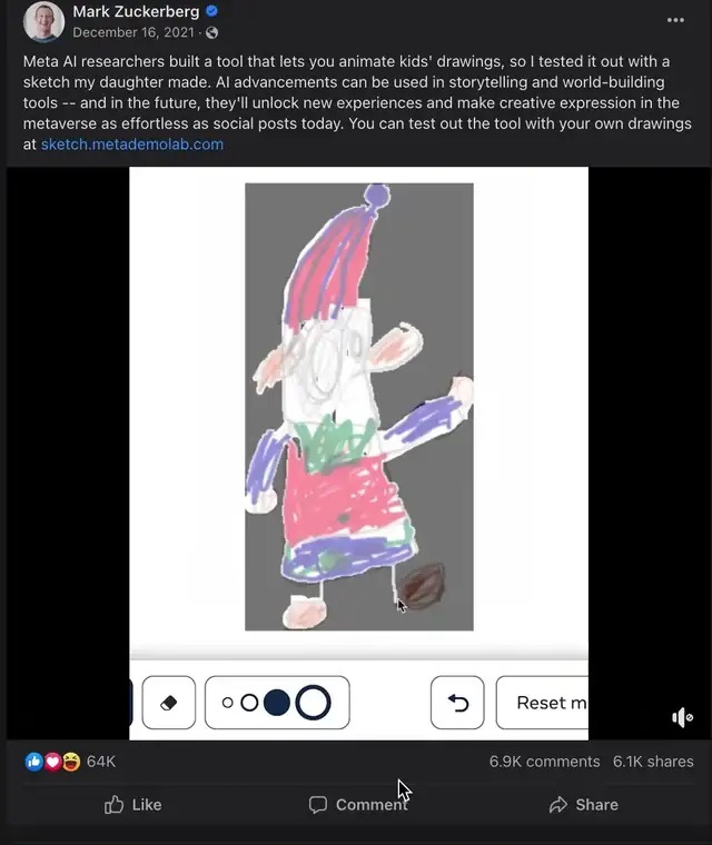Mark Zuckerberg's social post sharing the Animated Drawings demo, with an animated drawing playing