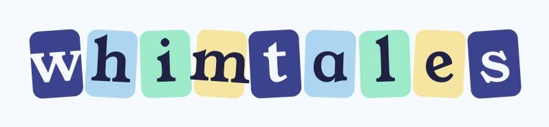 The Whimtales logo, spelled out in tilted letter tiles in indigo, sky blue, mint and butter yellow